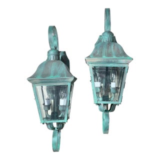Pair of Vintage Solid Brass Outdoor Wall Lanterns - 22”h X 7”.5 W X 7”.5 D For Sale