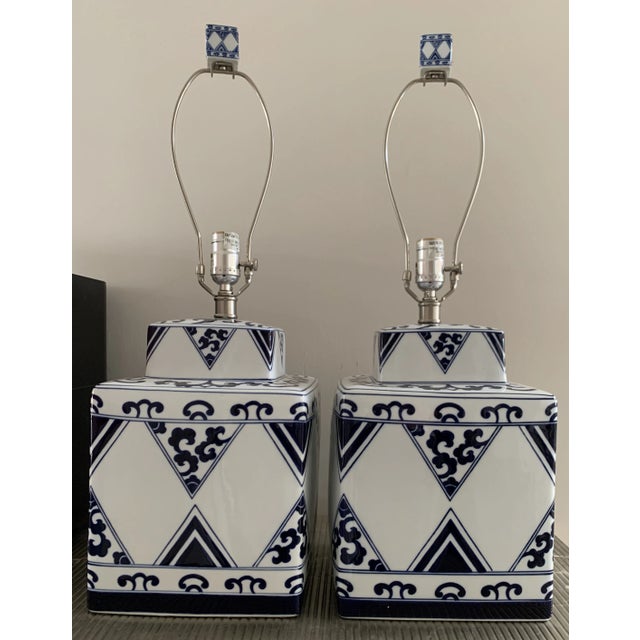 Chinoiserie Chinoiserie Blue White Table Lamps - A Pair For Sale - Image 3 of 8