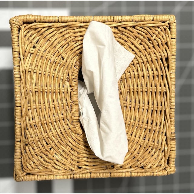 This fabulous 1970s Natural Woven Rattan Tissue Box Holder has a lovely oval opening and circular weave on top, adding...
