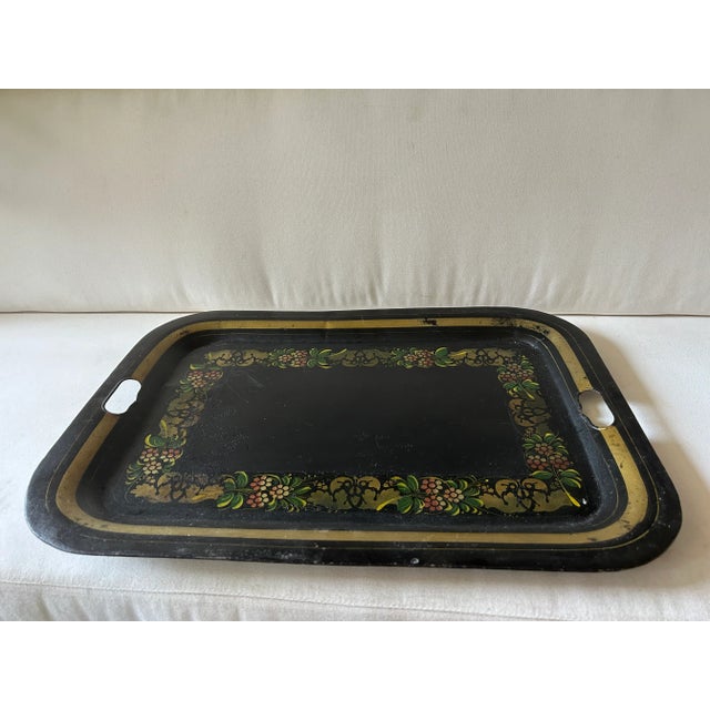 Antique Folk Art Black and Gold Tole Metal Tray For Sale - Image 4 of 11