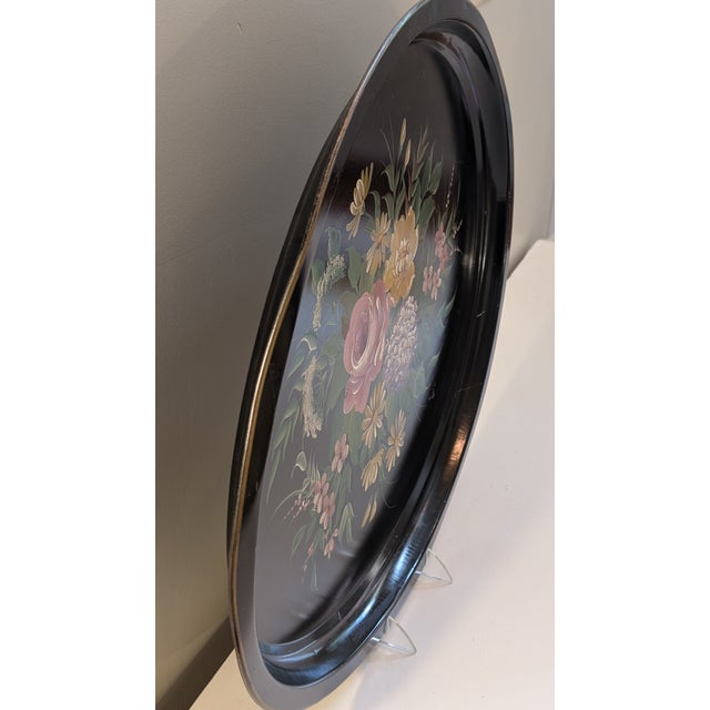 Metal 1950s Large Vintage Black Background Oval Toleware Tray For Sale - Image 7 of 7
