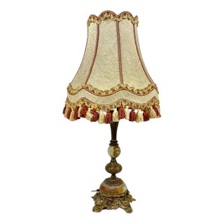 Bronze and Marble Table Lamp with Beige Shade and Fringe, France, 1960s For Sale