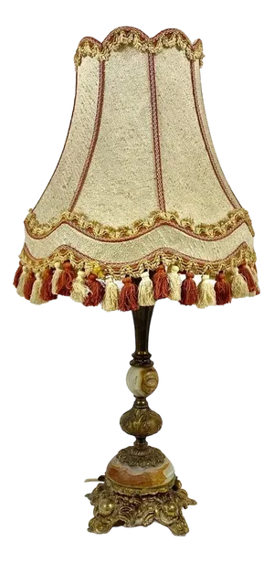 Bronze and Marble Table Lamp with Beige Shade and Fringe, France, 1960s