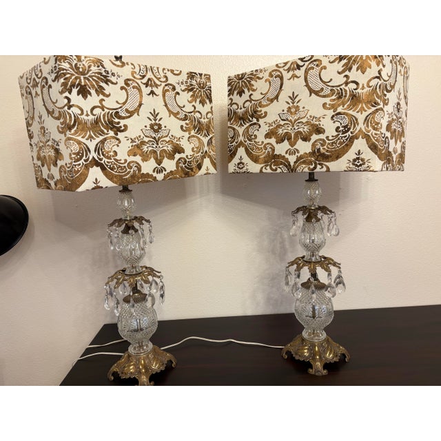 Hollywood Regency Hand Stamped Austrian Lamps Wifh Fortuny Fabric Lamp Shades, a Pair For Sale - Image 9 of 9