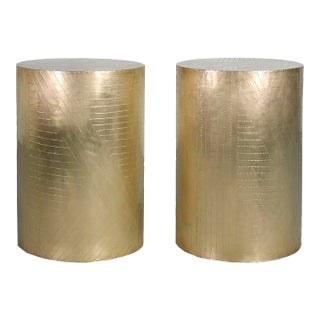 Vintage Brass Drum Metal Wrapped Side Tables - A Pair For Sale
