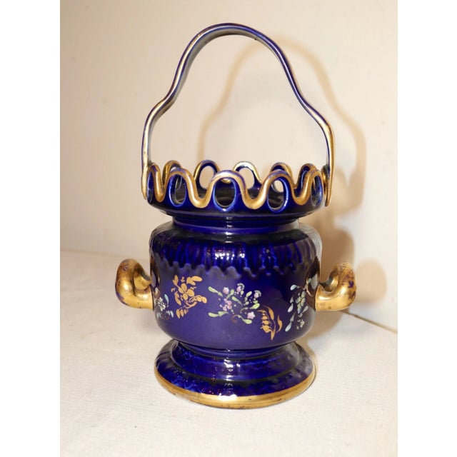 Unique Antique Hand Painted Porcelain Cobalt Gold Gilded Basket Style Vase Pot For Sale - Image 10 of 11