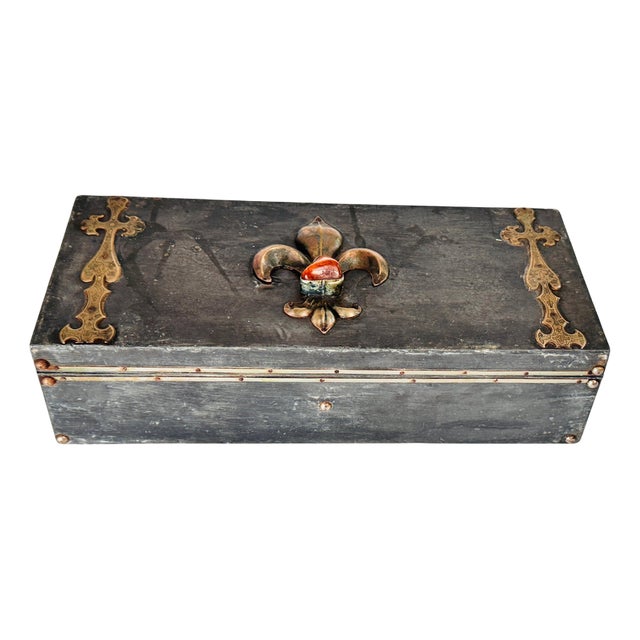 Handcrafted Pewter Cigar Box with Brass Inlays with Fleur-De-Lys Motif, France, 1970s For Sale