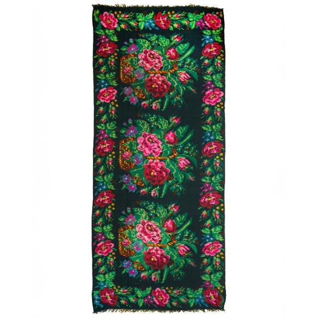 Vintage Romanian-Moldovan Handwoven Wool Runner Rug with Floral Rose Basket Folk Pattern, 1970s For Sale - Image 9 of 11