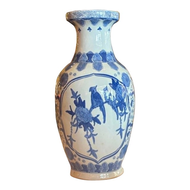Blue and White Chinoiserie Tall Vase For Sale
