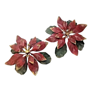 Vintage Italian Tole Poinsettia Flowers / Floral Arrangement Candle Holder Objects for Neiman Marcus, a Pair