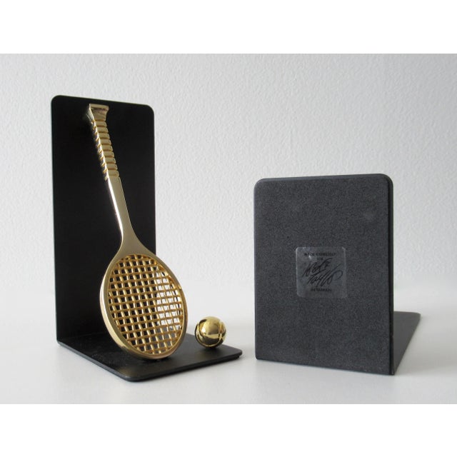 C.1980's Brass Tennis Racket & Ball Bookends With Black Satin Metal Backs -Made Exclusively for Lord & Taylor For Sale - Image 11 of 13