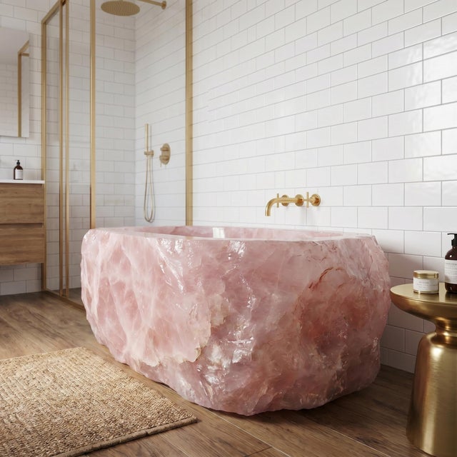 2020s Luxury Natural Rose Quartz Freestanding Bathtub, Handcrafted Pink Crystal Stone Soaking Tub For Sale - Image 5 of 9