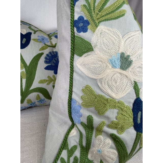 Transitional Schumacher "Crewel Garden" in Sky 18"x24" Pillows-a Pair For Sale - Image 3 of 3