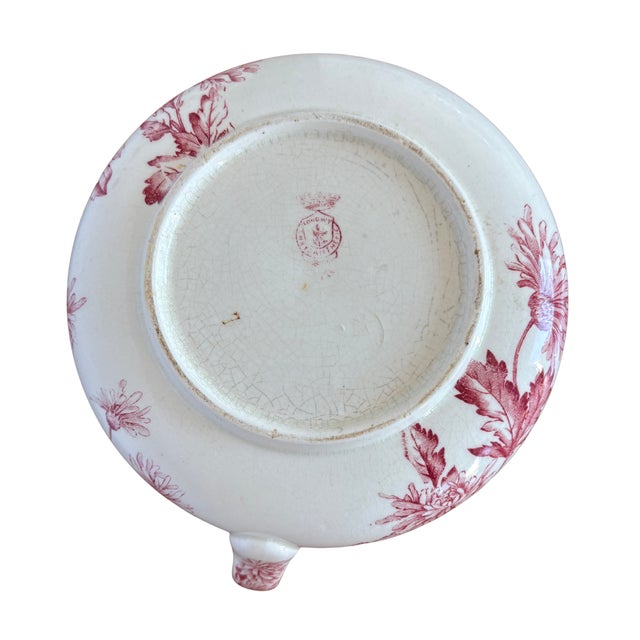 Antique French Longwy Pitcher Red Floral Transferware Faience Jug from Manufacture Des Emaux De Longwy, 1900s For Sale - Image 6 of 9