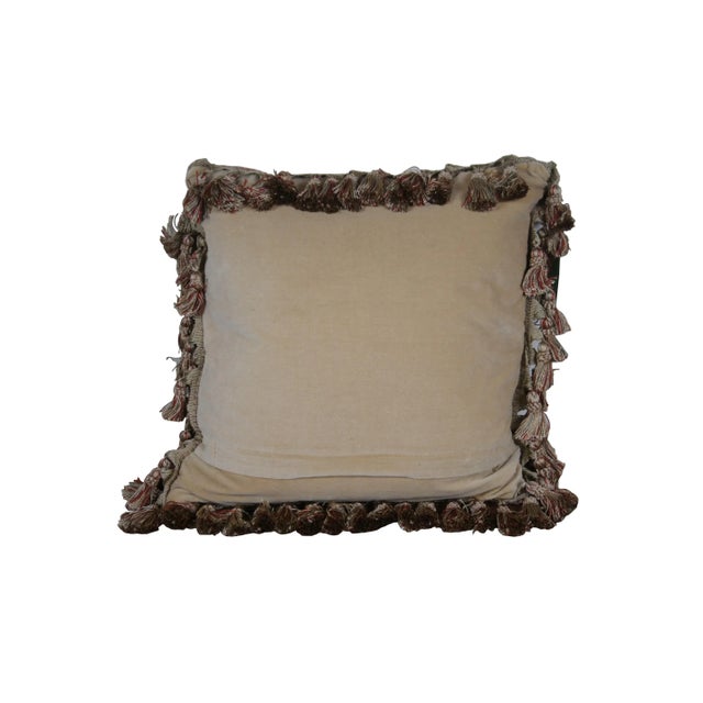 20th century square needlepoint throw pillow, hand embroidered with roses, lilies and daisies in pink, blue, and yellow,...