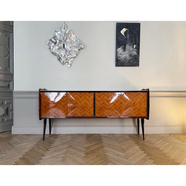Mid-Century Modern Vintage Italian Sideboard in Chevron Wood Veneer For Sale - Image 3 of 12