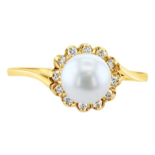 6MM Freshwater Pearl Diamond Halo Ring 14k Yellow Gold, Size 5 For Sale