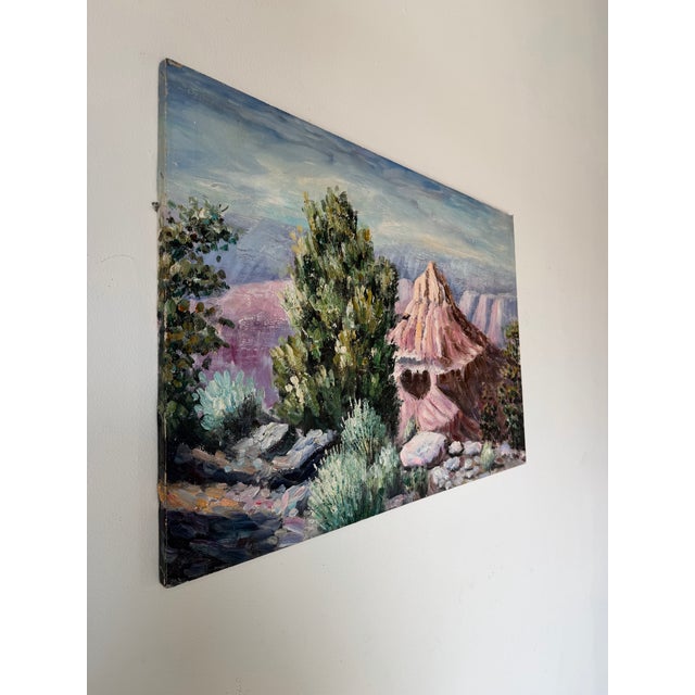 A beautiful 1970s vintage oil on canvas depicting a serene desert landscape rendered in a loose Impressionist style....