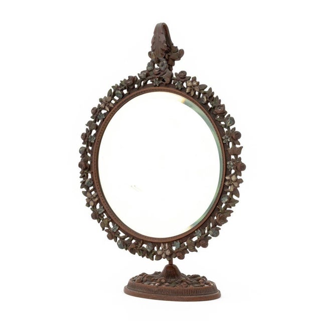 Victorian Cast Iron Vanity Mirror, the beveled glass circular mirror plate in pierced rose trim frame hanging on free-...