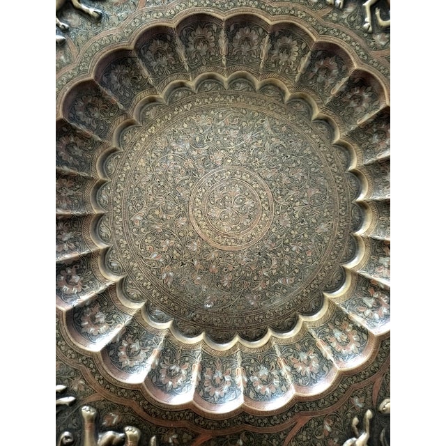 1970s Vintage Morrocan Brass Tray Table With Folding Hand Carved Wood Base For Sale - Image 5 of 8