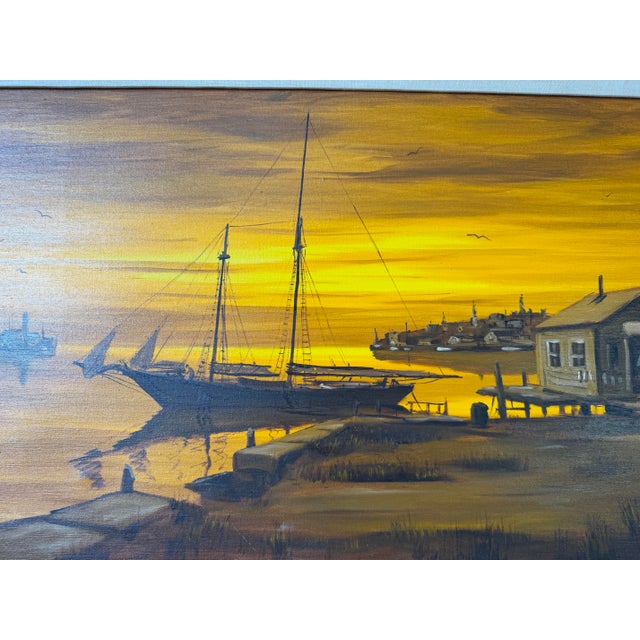 1970s 1970’s Charles Stepule Sunset Harbor Scene Oil on Canvas Painting, Wood Framed For Sale - Image 5 of 12