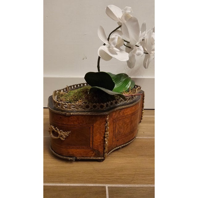 Antique Marquetry Inlaid Wooden Jardiniere With Bronze Mounts For Sale - Image 4 of 11