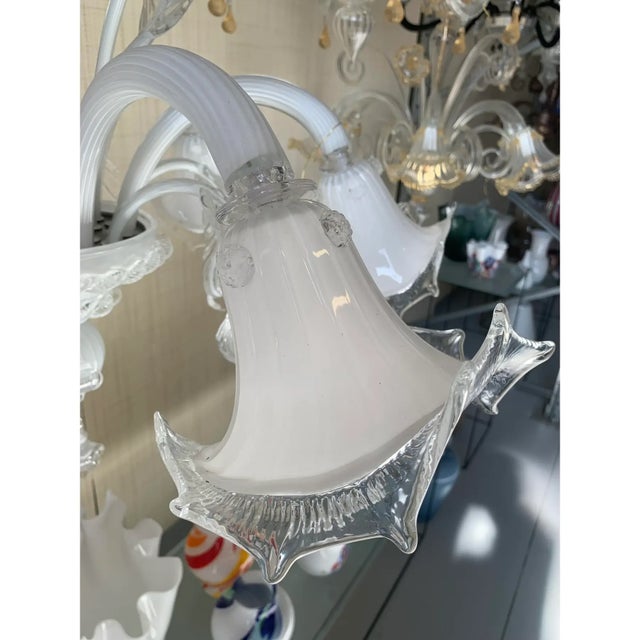 Traditional Transparent and Milky-White Murano-Style Venetian Glass Chandelier With Floral and Leaf Accents For Sale - Image 3 of 13