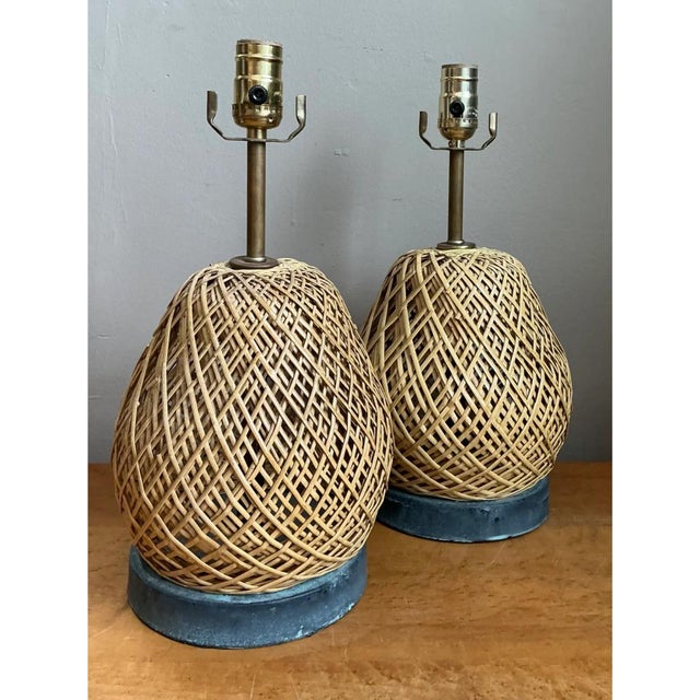 Mid-Century Modern Vintage Rattan and Verdigris Metal Table Lamps - Pair For Sale - Image 3 of 12