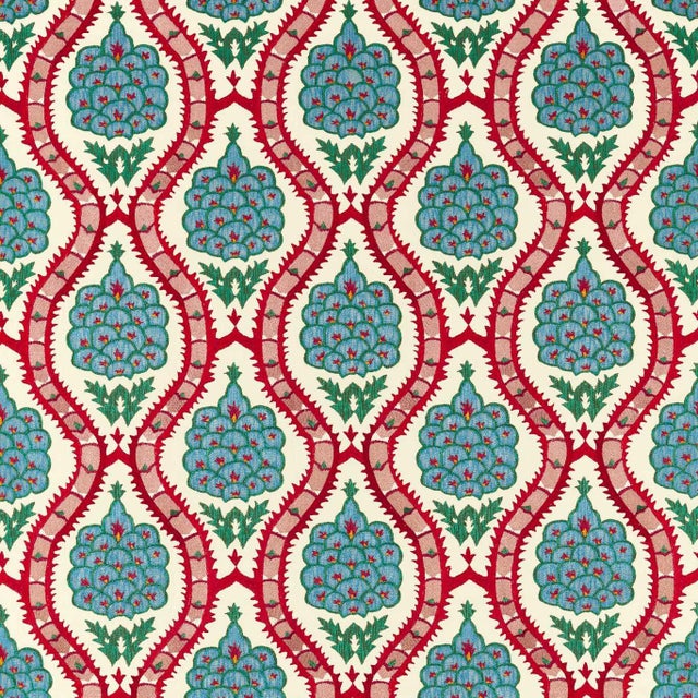 Zoffany Anar Trellis Fabric in Serpentine/Crimson For Sale