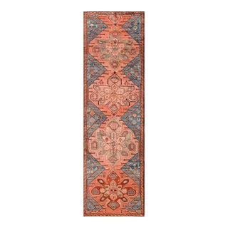 1930s Salmon Geometric Medallion Antique Caucasian Karabagh Rug 3'9" X 12'3" Wool Carpet For Sale