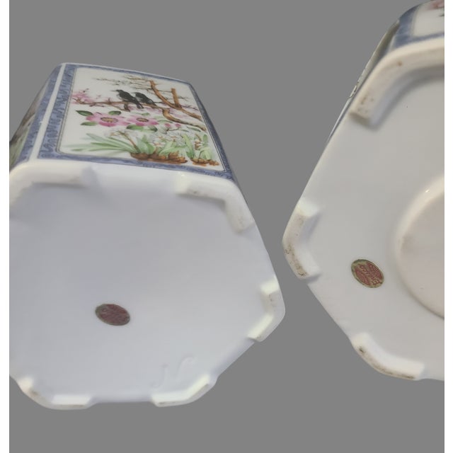 Metal Vintage Japanese Hand Painted Floral, Birds Teapot Brass Handle on Warmer Stand For Sale - Image 7 of 11