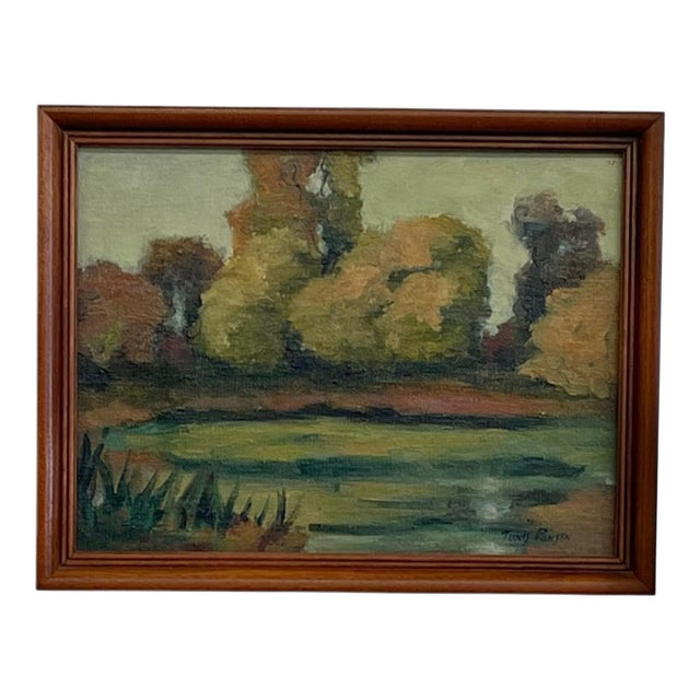 1970s Signed Landscape Painting of Pond With Autumn Trees in Wood Frame. For Sale