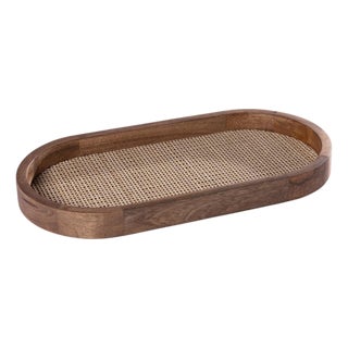 Banyan Mango Wood with Rattan Inlay Oval Tray, Medium For Sale