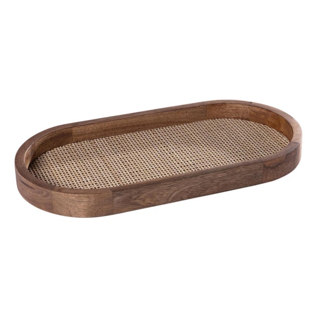 Banyan Mango Wood with Rattan Inlay Oval Tray, Medium For Sale