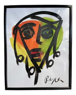 Contemporary Abstract Face Portrait Acrylic Painting by Peter Keil, Framed