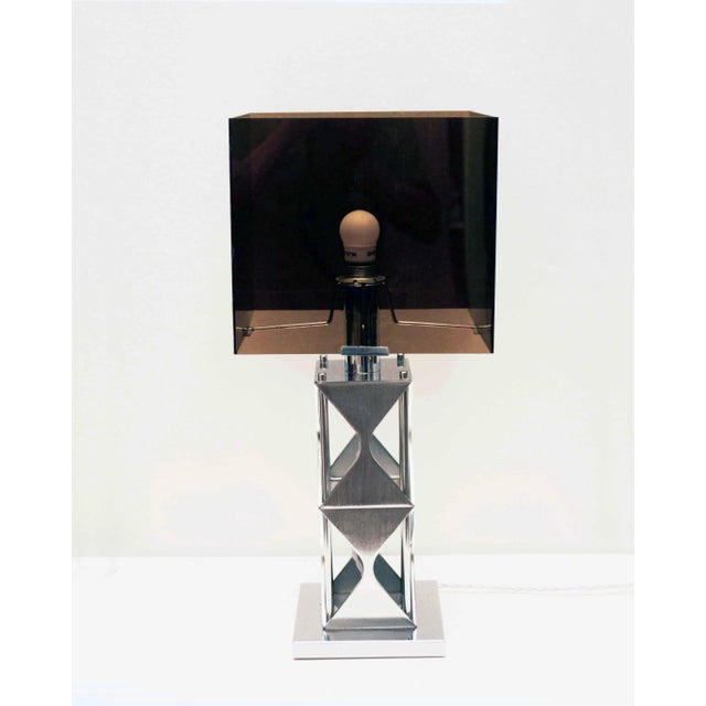 Smoked Acrylic Glass &amp; Satin Steel Table Lamp, 1970s For Sale - Image 3 of 8
