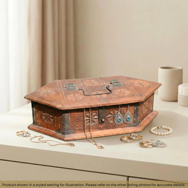 Dimensions: 11" W x 2" D x 6" H This vintage, fine hand carved box with a lid comes from India. Cash Boxes or merchant...