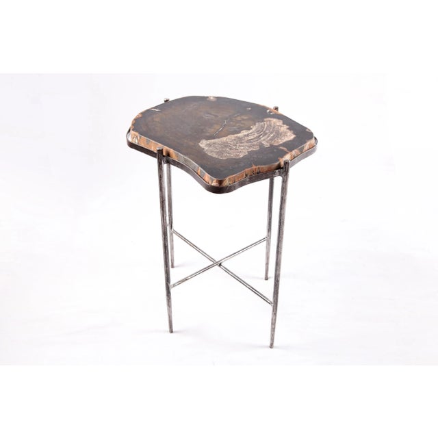 Living Edge Petrified Wood Top W Iron Stand Accent Table or Side Table 49 For Sale - Image 4 of 5
