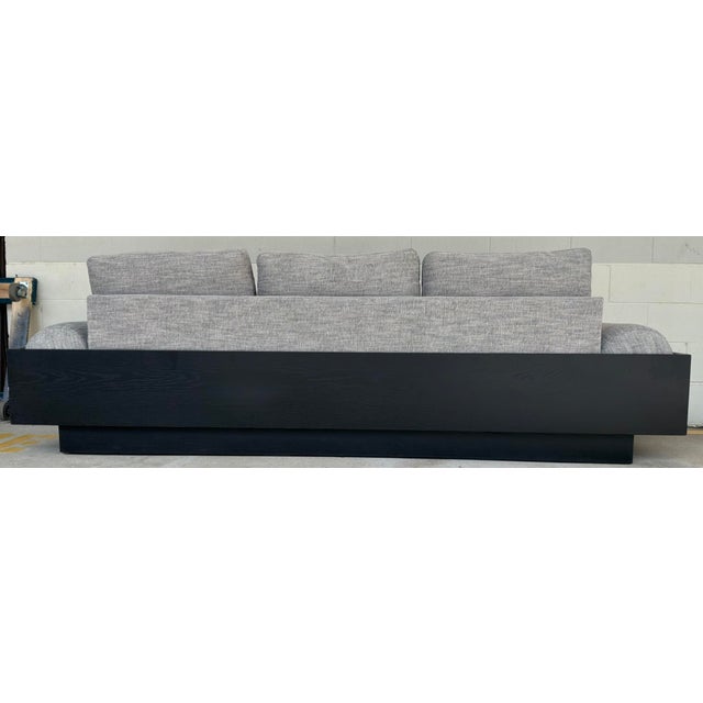 Stylish Modern Gray Chevron Bolster Sofa, black wood frame, showroom floor sample