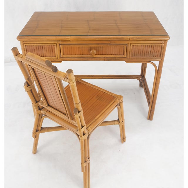 Light Amber Bamboo Glass Top One Drawer Low Profile Compact Desk with Chair MINT - Set of 2 For Sale - Image 12 of 12