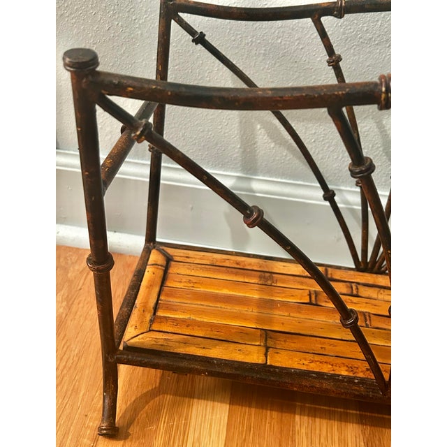 Brown Vintage Faux Tortoise Bamboo Metal & Bamboo Chinoiserie Magazine Rack For Sale - Image 8 of 9