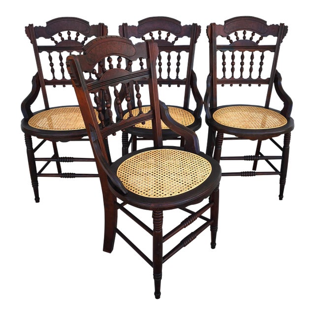 Antique Eastlake Victorian Style Walnut Cane Seat Side Dining Chairs Set of 4 For Sale