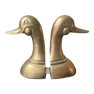 1950s Brass Mallard Duck Head Bookends-a Pair For Sale