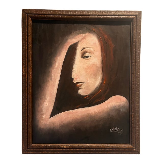 Vintage 1979 Signed Oil Portrait | Moody Chiaroscuro Woman With Auburn Hair | Framed Mid-Century Style Wall Art For Sale