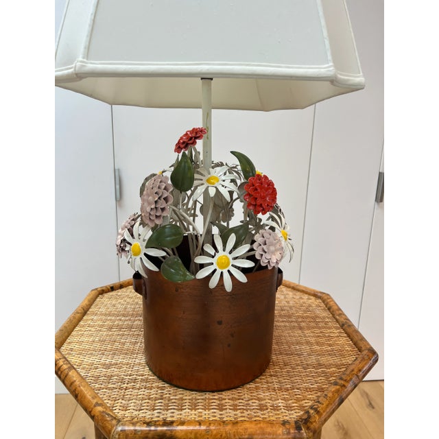 Shabby Chic Vintage Tole Flowerpot Lamp With New Shade For Sale - Image 3 of 8