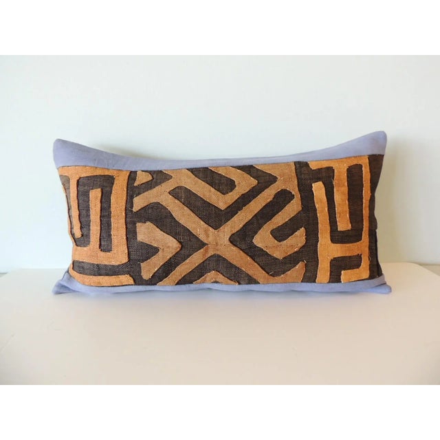 Vintage Kuba Tan and Brown Handwoven African Bolster Decorative Pillow with antique Wedgewood blue linen backing....