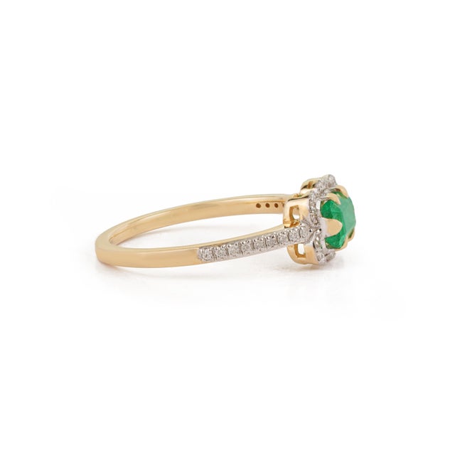 Metal Art Deco Zambian Emerald & Diamond Halo Ring Size 5.5 in 14k Yellow Gold For Sale - Image 7 of 17