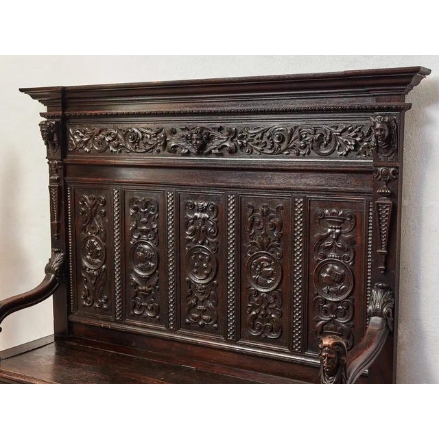 Neo-Renaissance Carved Oak Bench For Sale - Image 3 of 11
