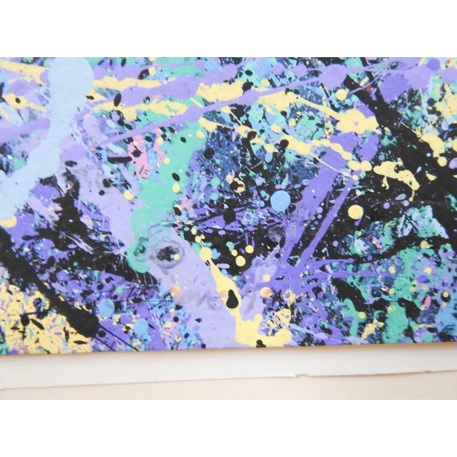 Colorful Abstract Expressionist acrylic painting on heavy paper. In blue, purple, yellow and black by Jerry Adams (20th -...