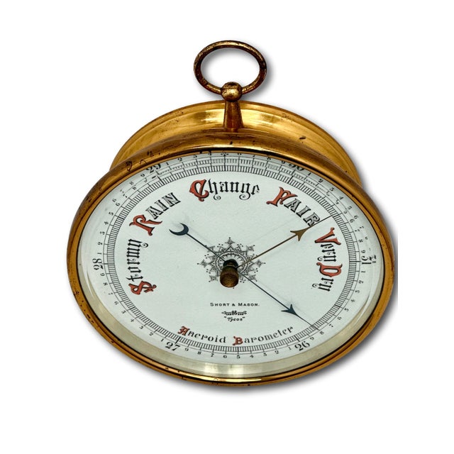 Metal Fine Quality Large Antique Wall Mount Brass, Beveled Glass & Porcelain Dial Barometer by Short & Mason in London For Sale - Image 7 of 18